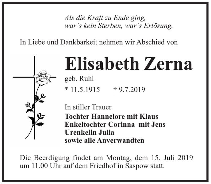 Traueranzeige Elisabeth Zerna, geb. Ruhl
