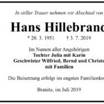 Traueranzeige Hans Hillebrand