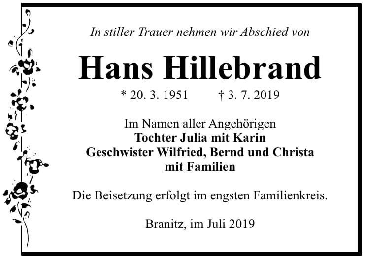 Traueranzeige Hans Hillebrand