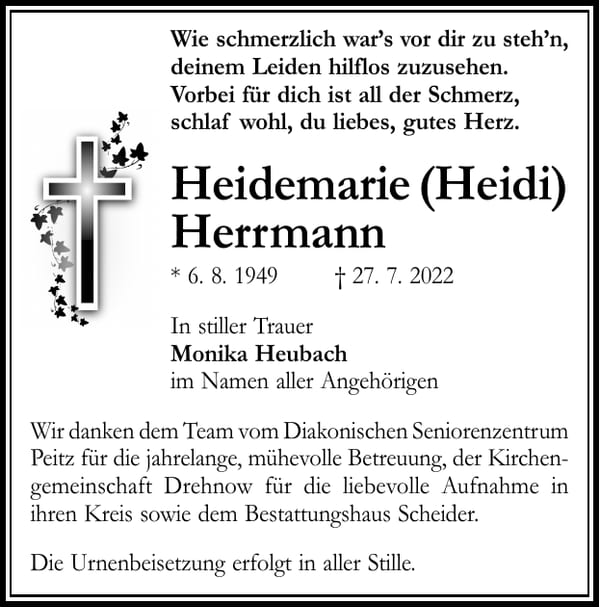 Traueranzeige Heidemarie (Heidi) Herrmann