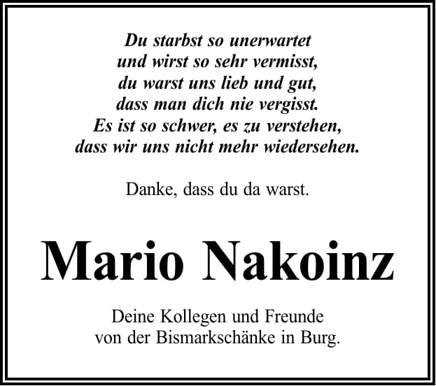 Traueranzeige Mario Nakoinz