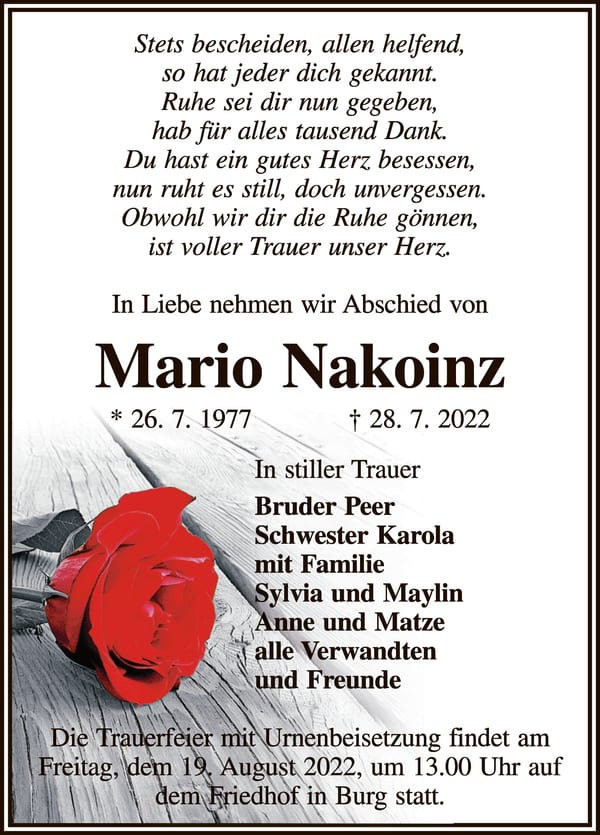 Traueranzeige Mario Nakoinz