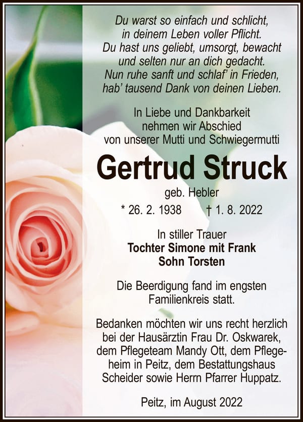 Traueranzeige Gertrud Struck, geb. Hebler