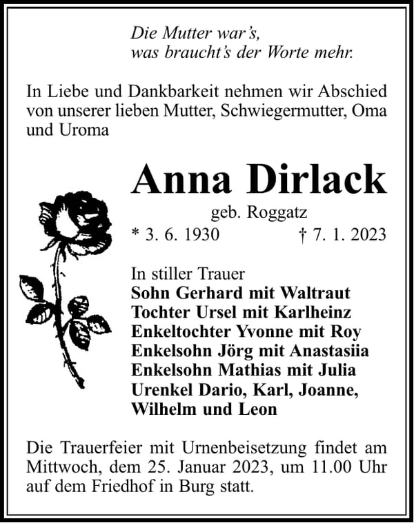 Traueranzeige Anna Dirlack, geb. Roggatz