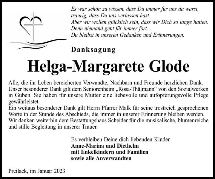 Danksagung Helga-Margarete Glode