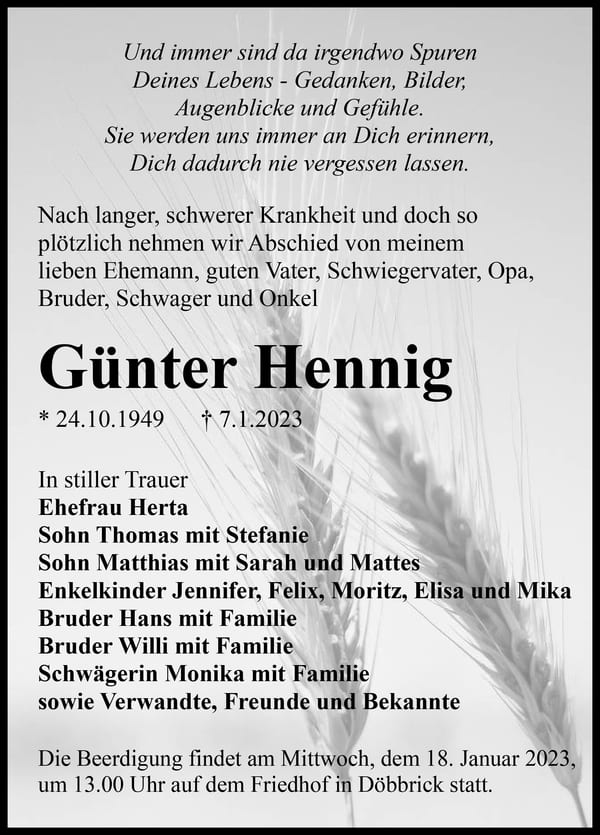 Traueranzeige Günter Hennig