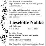 Traueranzeige Lieselotte Nahke, geb. Schichan