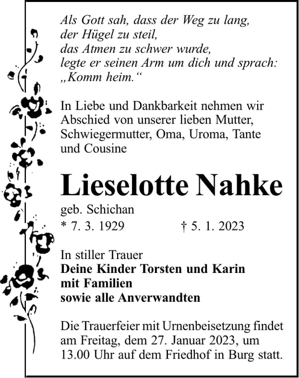Traueranzeige Lieselotte Nahke, geb. Schichan