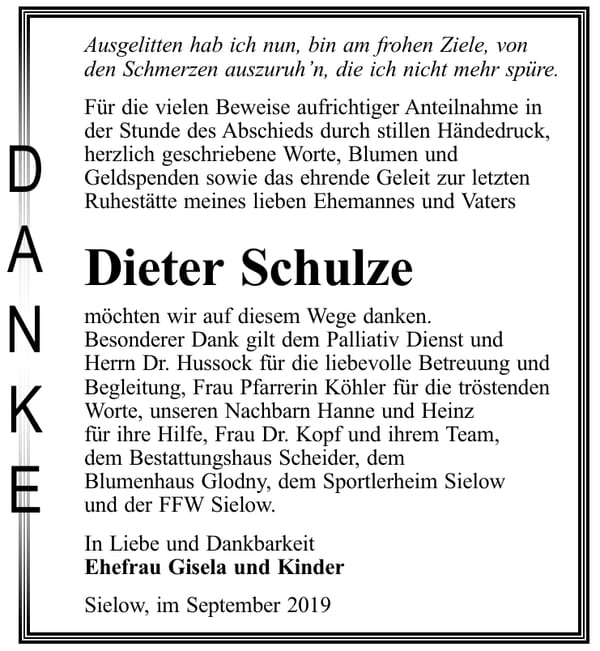 Danksagung Dieter Schulze