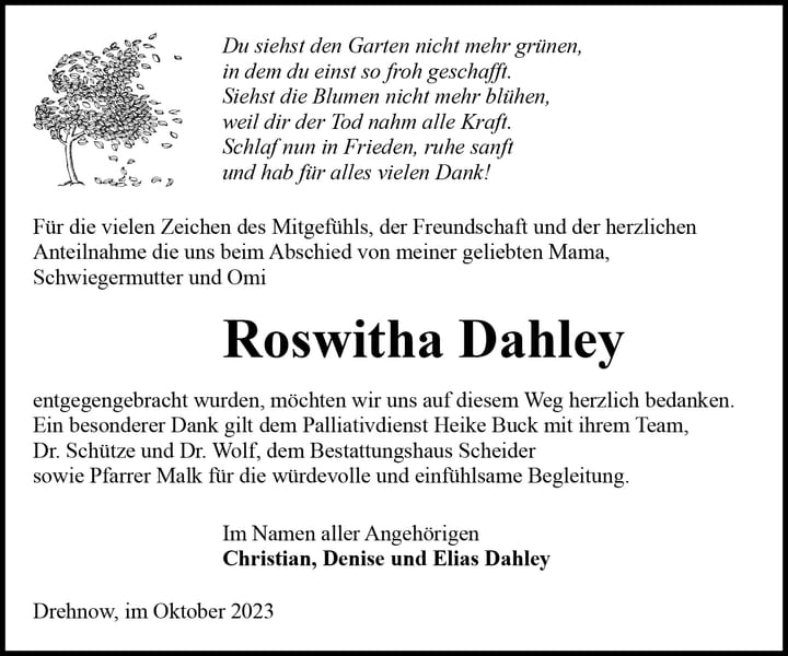 Danksagung Roswitha Dahley