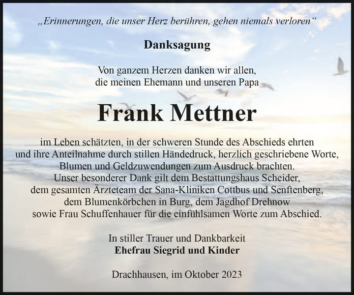 Danksagung Frank Mettner