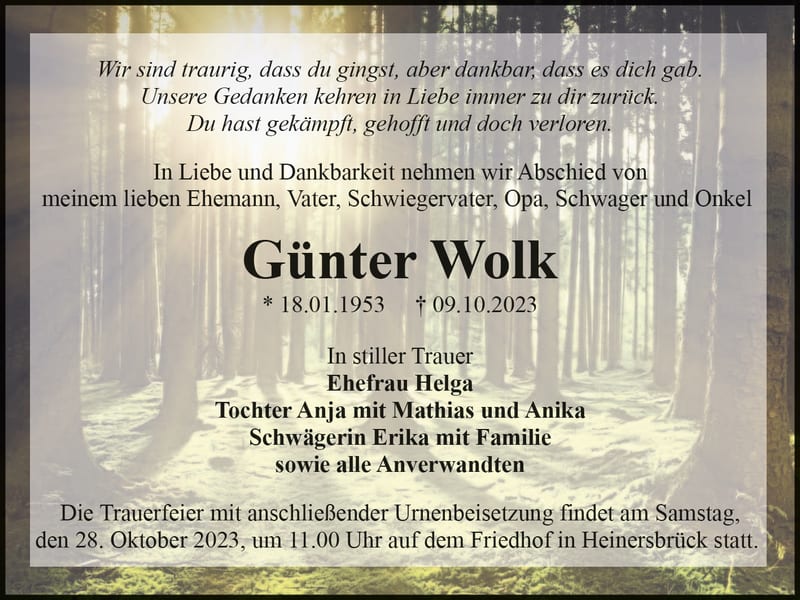 Traueranzeige Günter Wolk