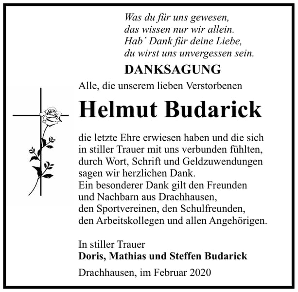Danksagung Helmut Budarick