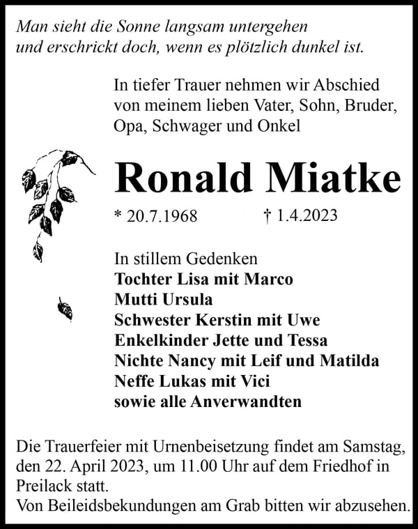 Traueranzeige Ronald Miatke