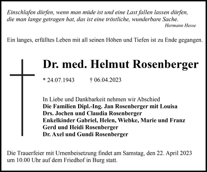 Traueranzeige Dr. med. Helmut Rosenberger