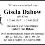 Traueranzeige Gisela Dabow, geb. Kinze