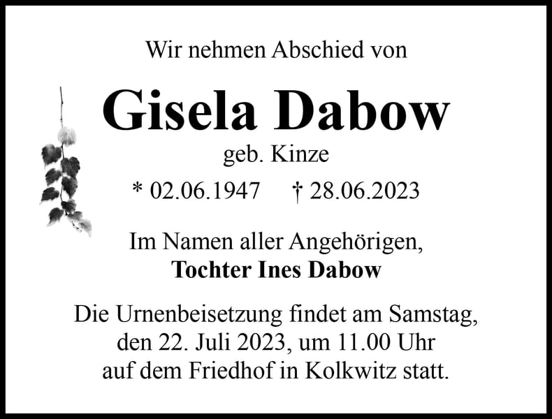 Traueranzeige Gisela Dabow, geb. Kinze