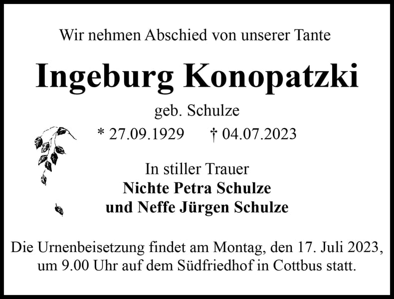 Traueranzeige Ingeburg Konopatzki, geb. Schulze