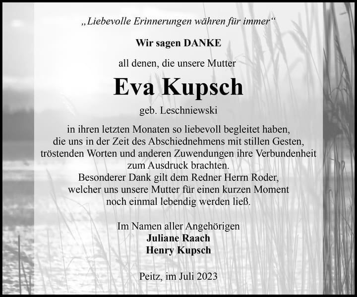 Danksagung Eva Kupsch, geb. Leschniewski