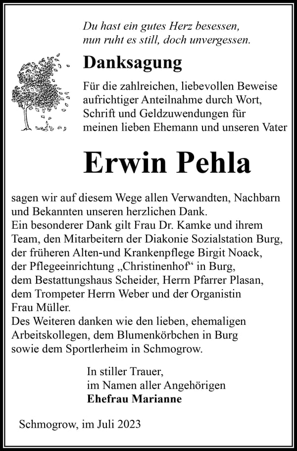 Danksagung Erwin Pehla