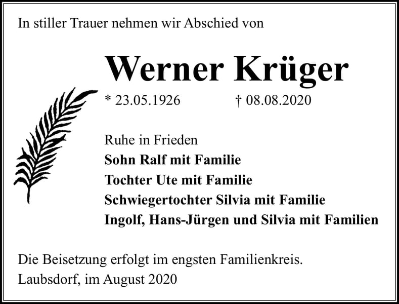 Traueranzeige Werner Krüger