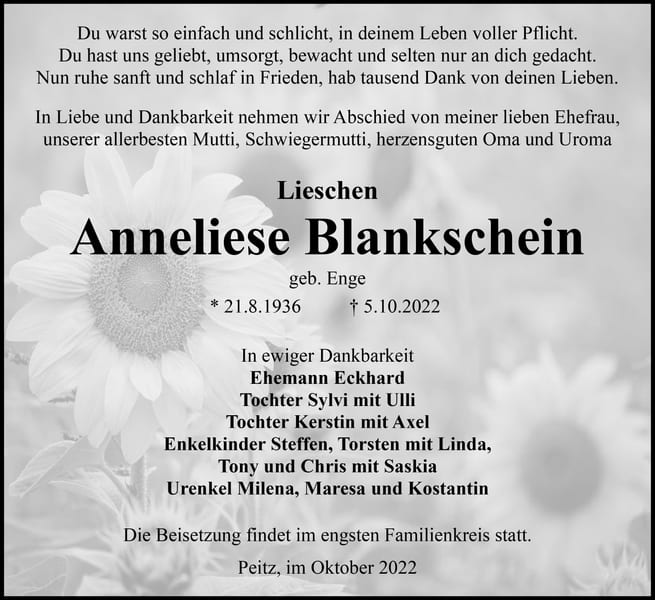 Traueranzeige Anneliese „Lieschen“ Blankschein, geb. Enge