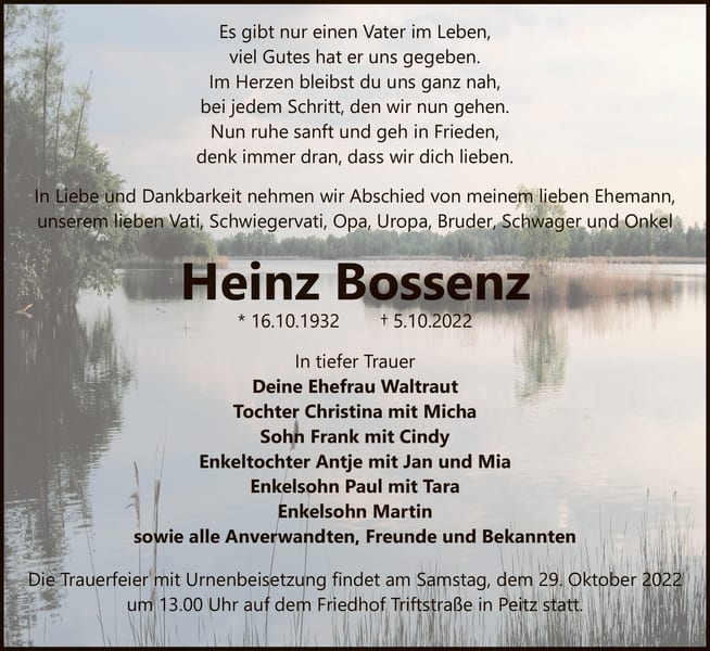 Traueranzeige Heinz Bossenz