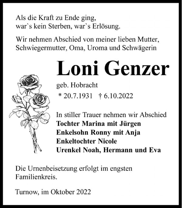 Traueranzeige Loni Genzer, geb. Hobracht