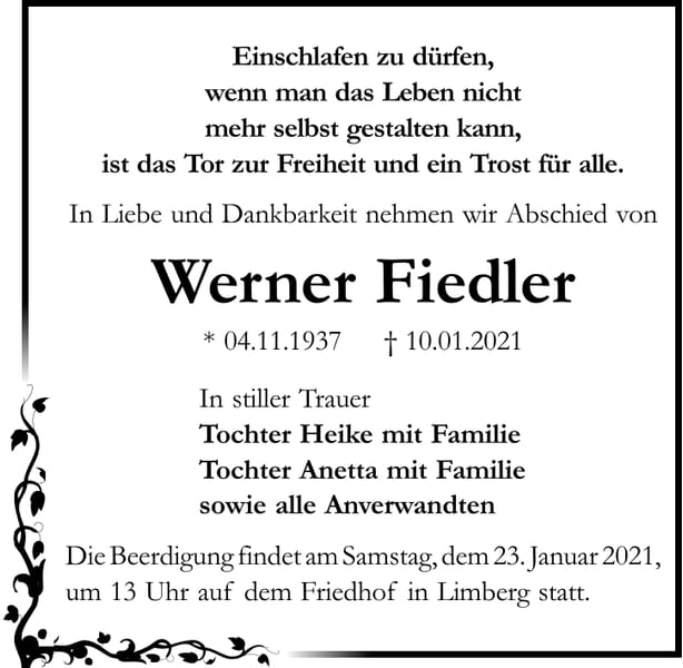 Traueranzeige Werner Fiedler