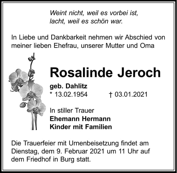 Traueranzeige Rosalinde Jeroch, geb. Dahlitz