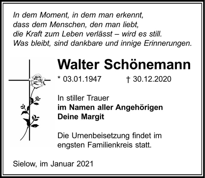 Traueranzeige Walter Schönemann