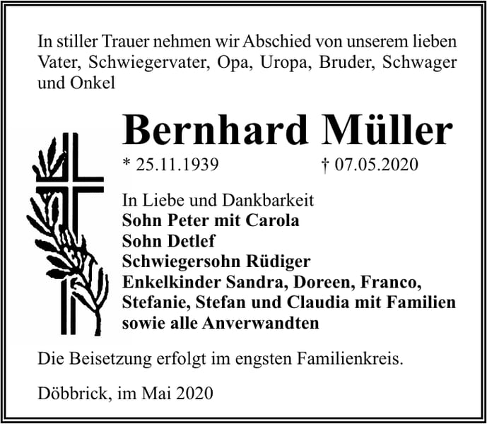 Traueranzeige Bernhard Müller