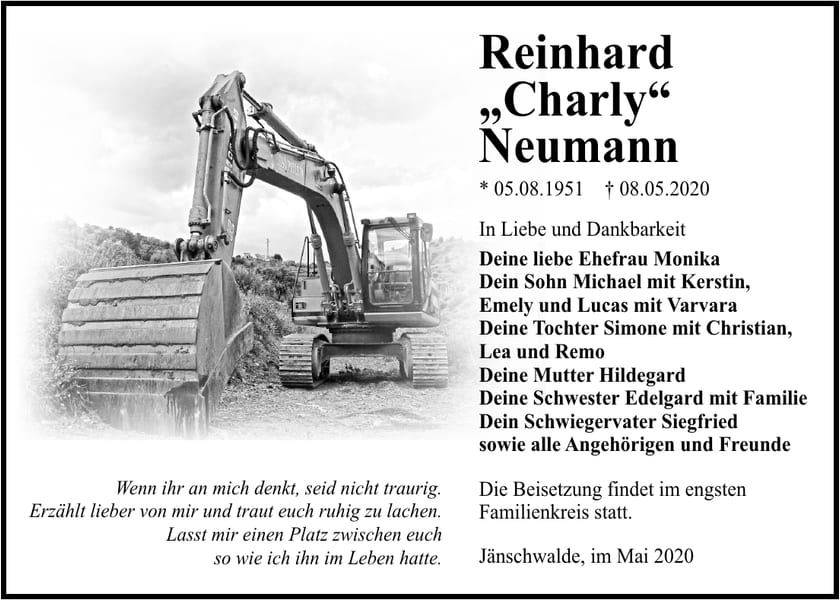 Traueranzeige Reinhard „Charly“ Neumann