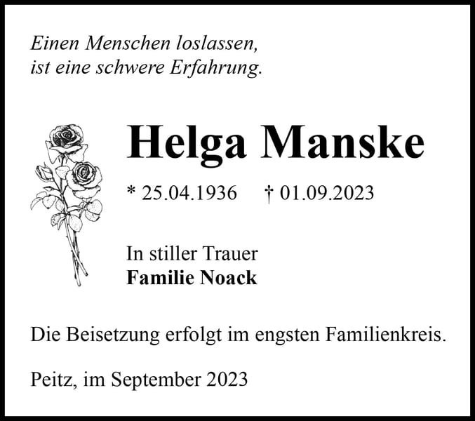 Traueranzeige Helga Manske
