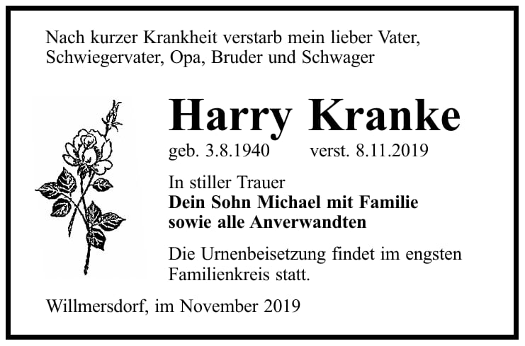 Traueranzeige Harry Kranke