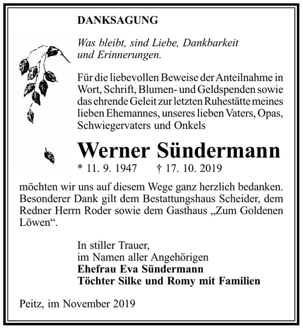 Traueranzeige Werner Sündermann