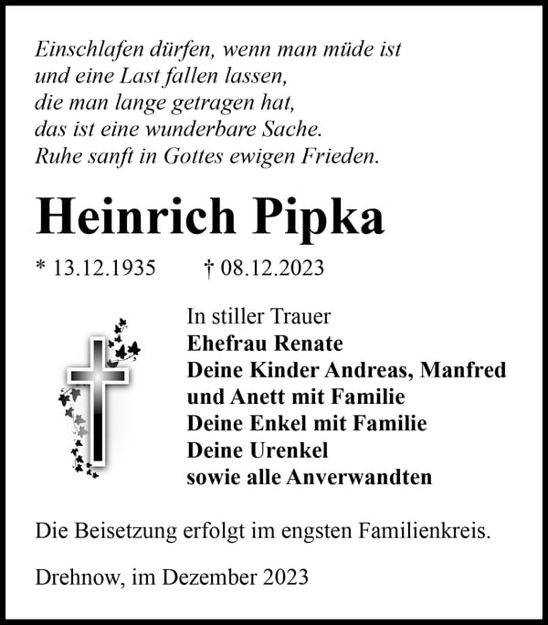 Traueranzeige Heinrich Pipka