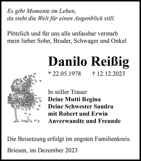 Traueranzeige Danilo Reißig