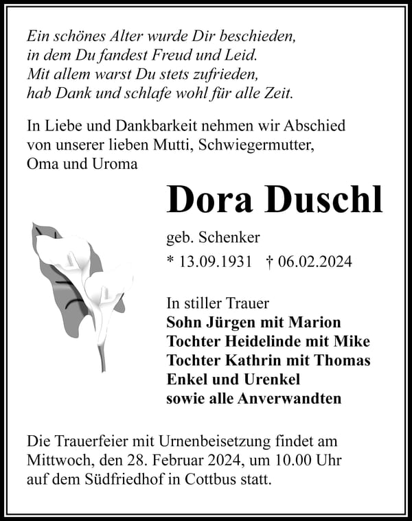 Traueranzeige Dora Duschl, geb. Schenker
