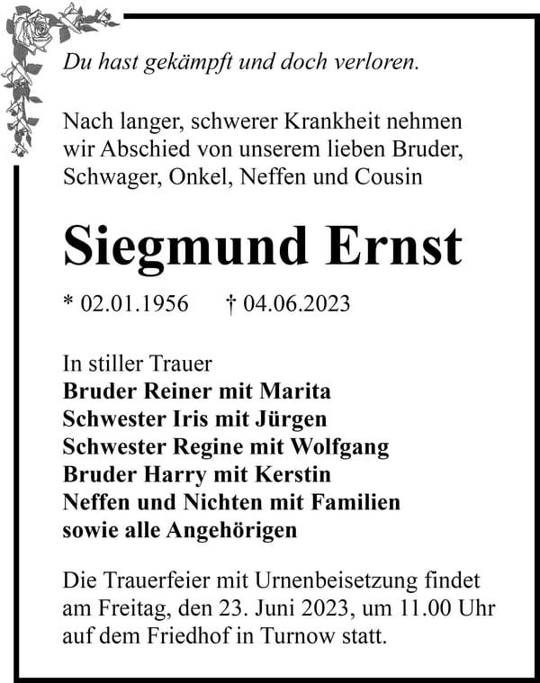 Traueranzeige Siegmund Ernst