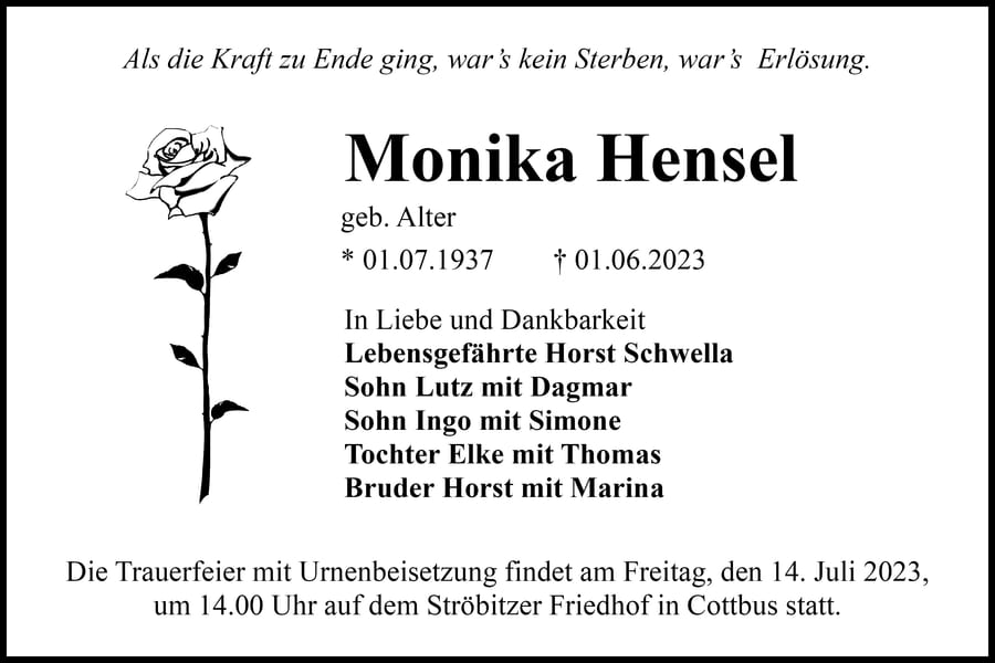 Traueranzeige Monika Hensel, geb. Alter