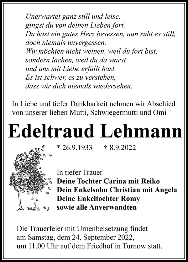 Traueranzeige Edeltraud Lehmann