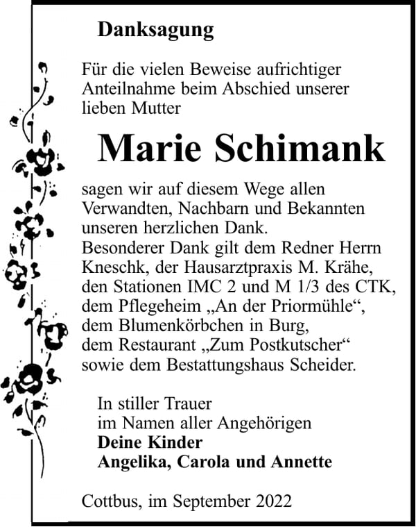 Traueranzeige Marie Schimank