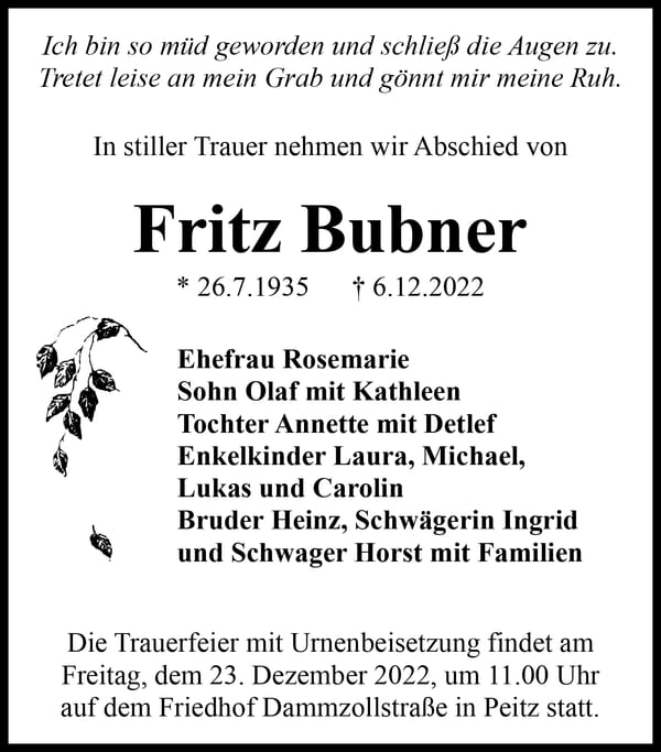 Traueranzeige Fritz Bubner