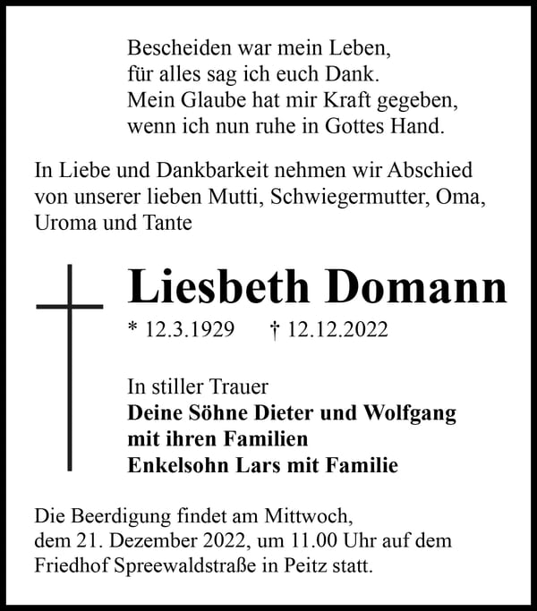 Traueranzeige Liesbeth Domann
