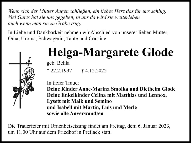 Traueranzeige Helga-Margarete Glode, geb. Behla