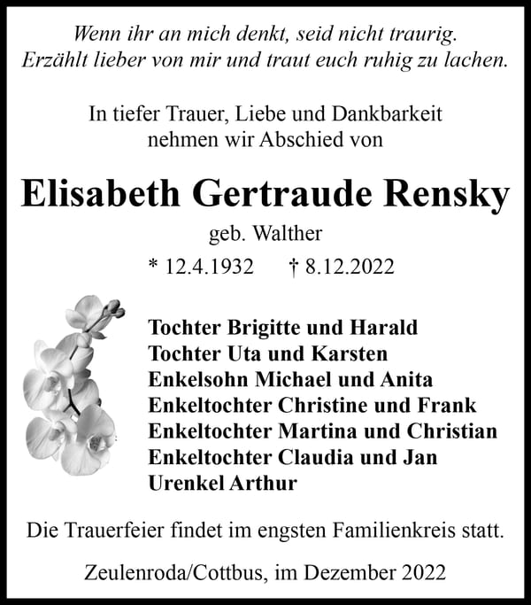 Traueranzeige Elisabeth Gertraude Rensky, geb. Walther
