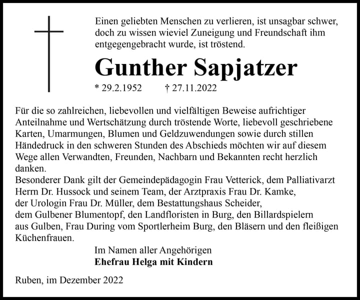 Danksagung Gunther Sapjatzer
