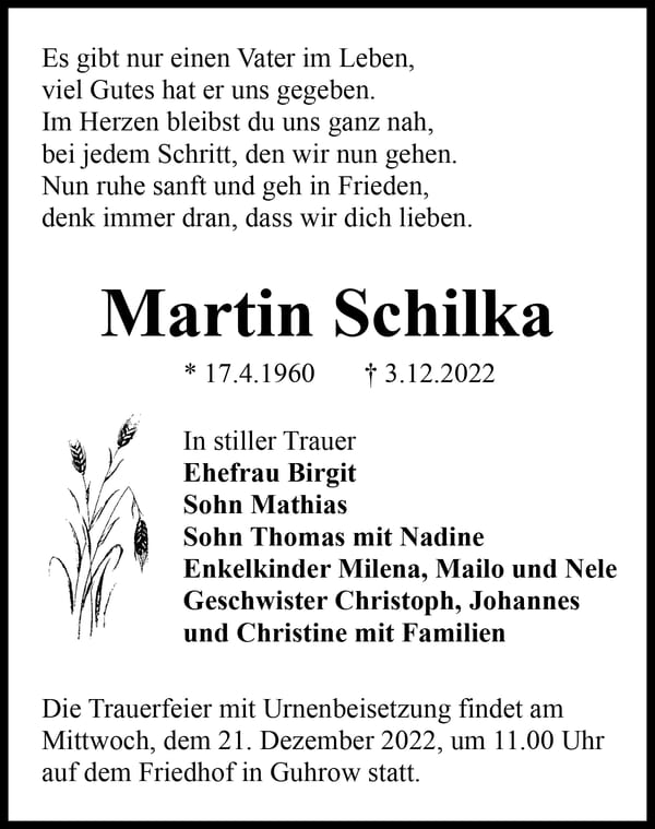Traueranzeige Martin Schilka
