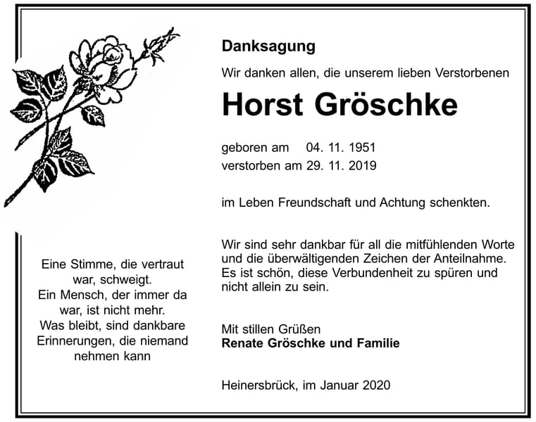 Danksagung Horst Gröschke